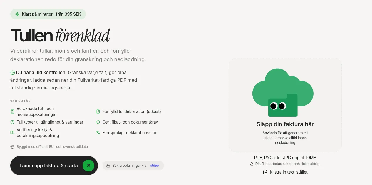 Homepage with dropzone for uploading invoice