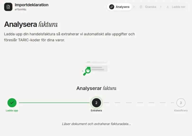Analysis progress indicator with three steps: Upload, Extract, Classify