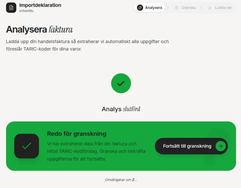 Analysis complete with continue button