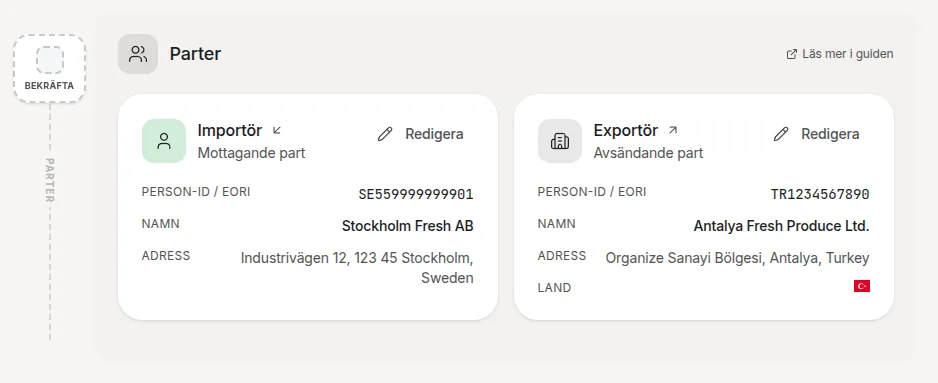 Importer and exporter cards with details from the invoice