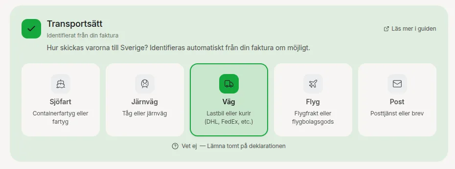 Transport mode selector with icons for sea, rail, road, air, and post