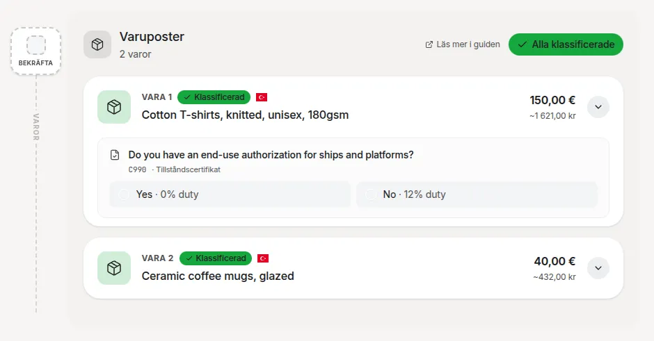 Collapsed goods card with summary