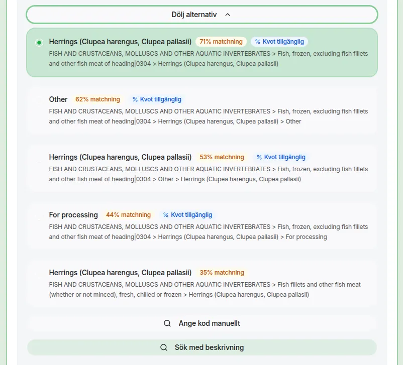 List of alternative HS codes with confidence level