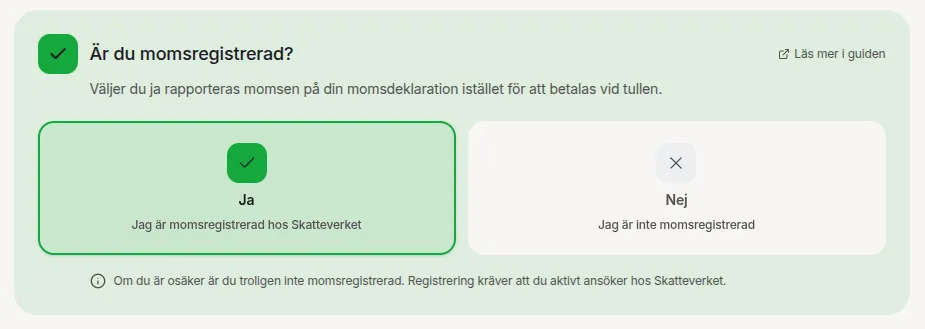 VAT registration with Yes/No buttons