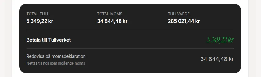 Total summary with duty, VAT, and total amount