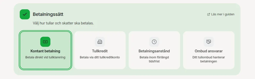 Four payment options with cards and descriptions