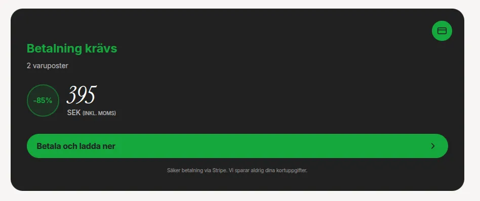 Payment card with price and Stripe payment
